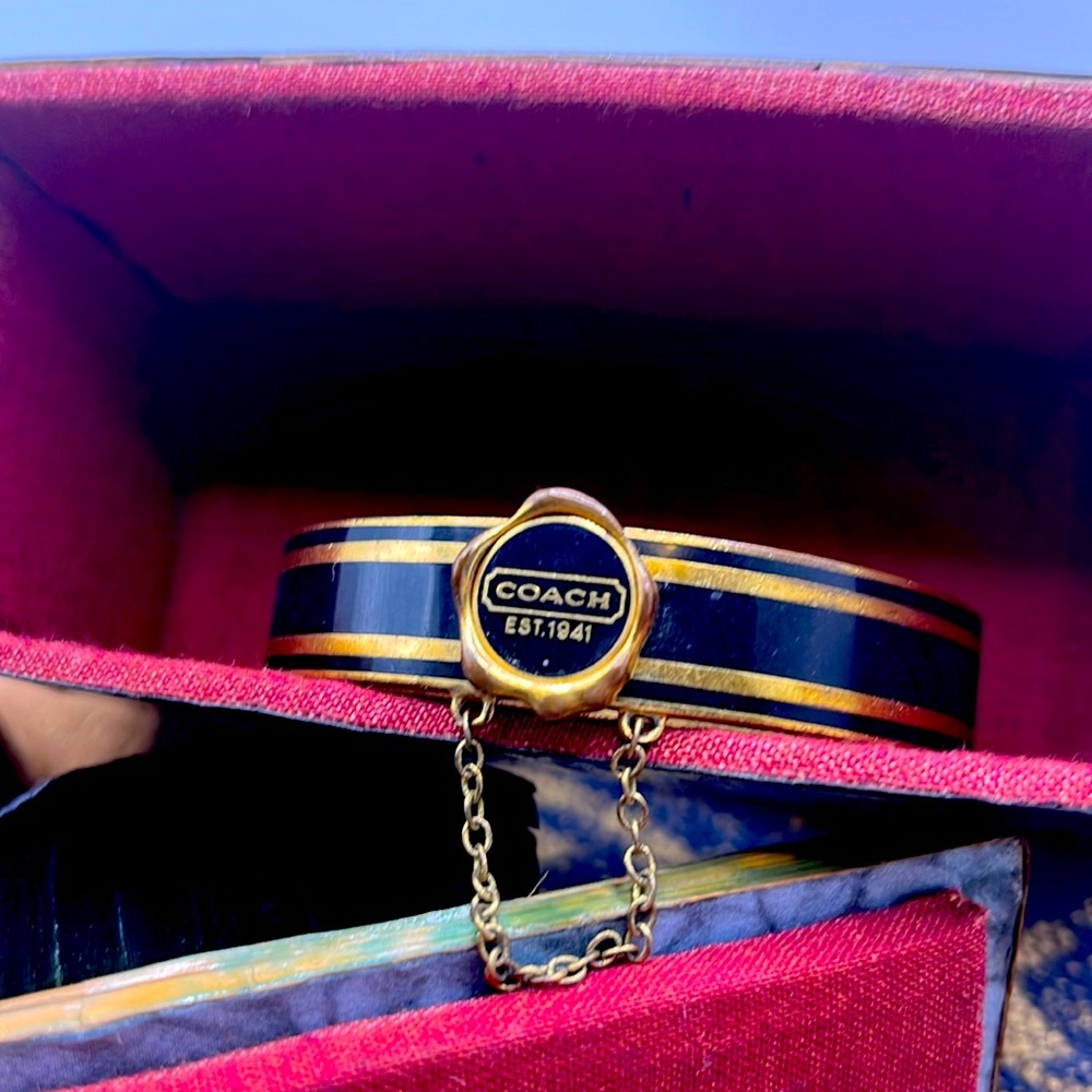Timeless Vintage Coach Gold/Black Enamel Hinged Bracelet with Safety Chain